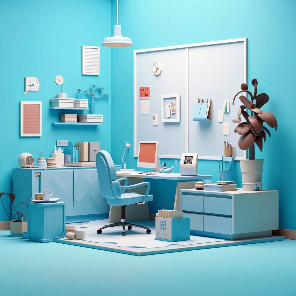 A cyan 3D illustration of a small office with a desk, chair, and plant
