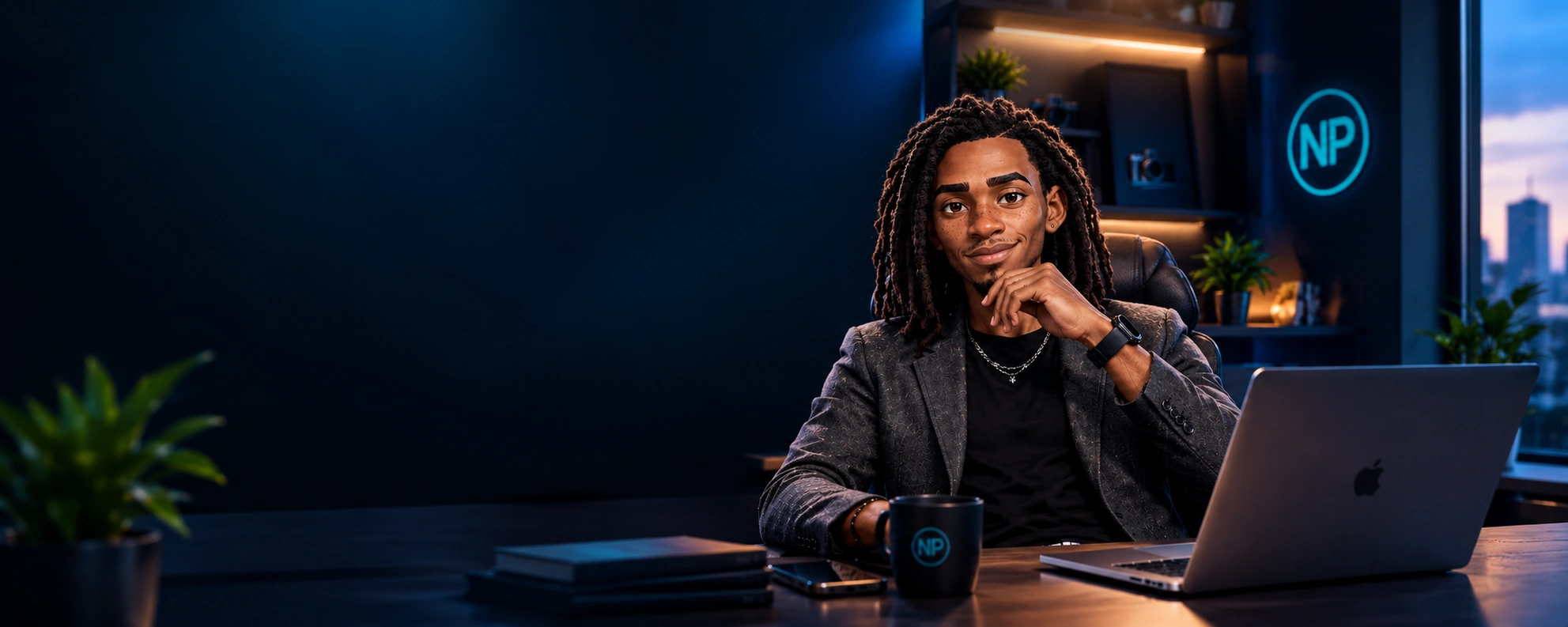 Nevil Paul at a desk in a dark office, laptop open, city lights behind him