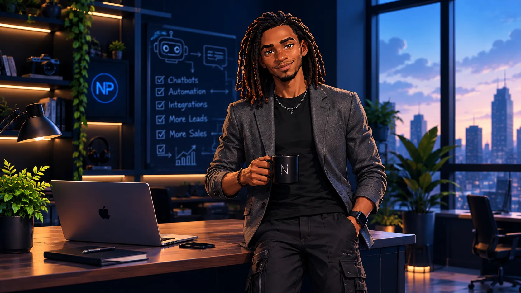 Nevil Paul in a studio office at dusk, holding a mug beside a laptop and a city skyline