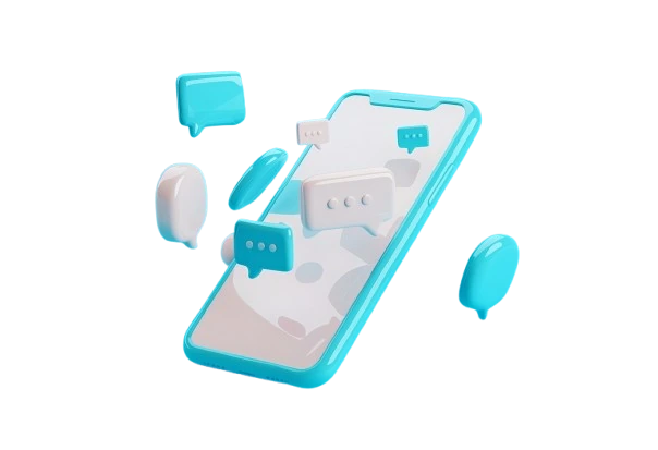 A cyan phone with chat bubbles floating around it